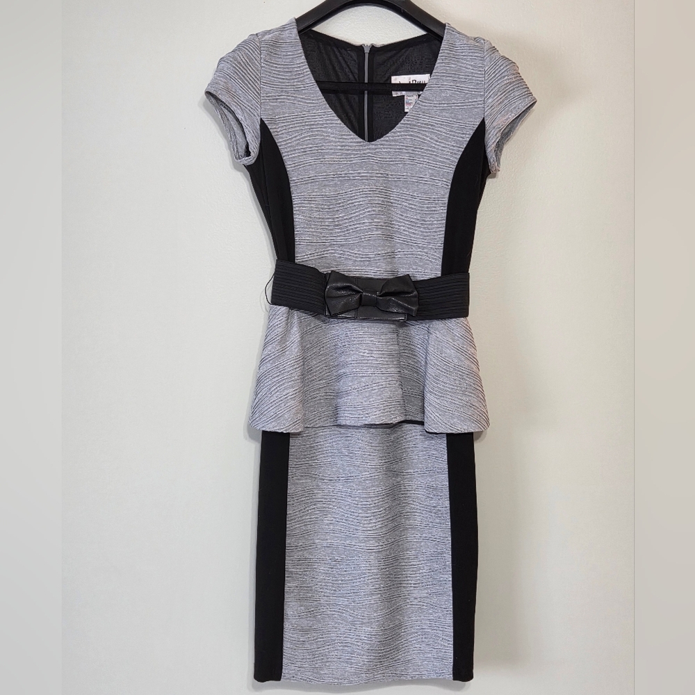 Vintage Joseph Ribkoff Grey+Black Peplum Bow Textured Dress Sz 2 Office Siren